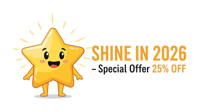 Radiant Star Promotion: An adorable cartoon star, beaming with joy, heralds a special offer, igniting excitement with its sparkling glow.