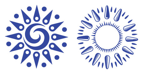 Two Blue Sun-like Ornate Circular Designs on White Background