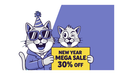 Whimsical Celebration: Two animated feline characters, one sporting stylish sunglasses and a party hat, enthusiastically promote a New Year Mega Sale, inviting potential customers with playful charm.