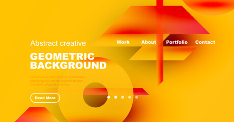 Bright abstract design. Geometric shapes, vibrant colors, website header mockup. Text includes portfolio, contact details, read more button.