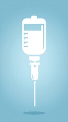 Simple, white IV drip bag and tube illustration on light blue background