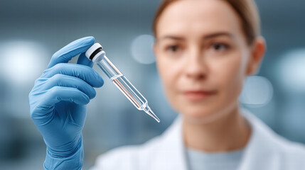 Drug discovery in laboratory with pipette in hand holding clear liquid in vial for scientific research