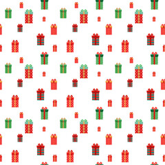Christmas Gift Boxes Seamless Pattern: Holiday Present Background on White, Festive Repeating Texture for Wrapping Paper, Invitations, and Seasonal Packaging