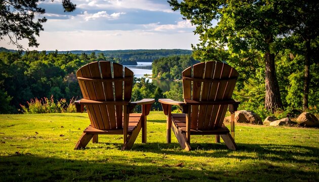 Two wooden chairs are positioned on green grass facing a serene lake surrounded by a lush forest. The setting appears relaxing and natural