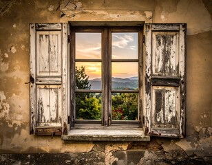 Weathered wooden window with shutters stands against a textured, crumbling wall, framing a vibrant sunset over lush hills and trees