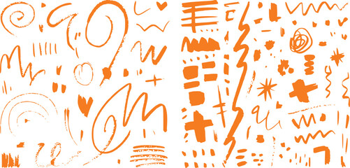Vibrant Orange Hand-Drawn Abstract Shapes and Scribbles on White Background