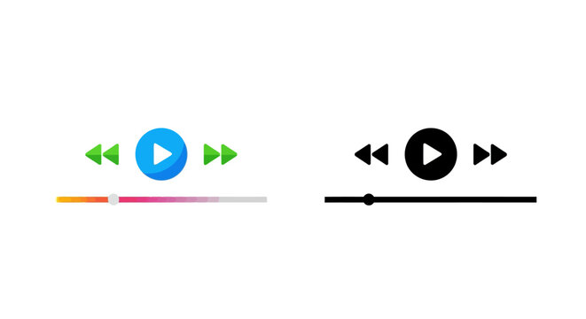 Colorful and monochrome media player controls with play pause and seek options