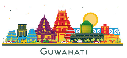 Guwahati India City Skyline with Color Buildings isolated on white. Illustration. Business Travel and Tourism Concept with Historic Architecture. Guwahati Cityscape with Landmarks.