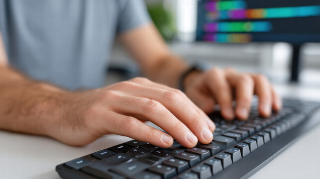 Programmer typing in corporate setting with focused hands on keyboard and blurred computer screen in background
