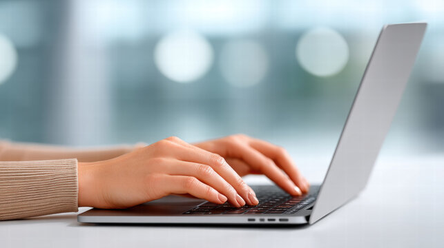 Programmer typing in corporate setting with focused hands on laptop keyboard working on project