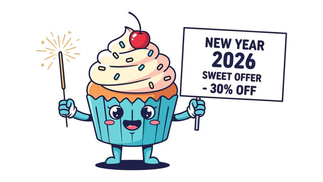 Sweet Celebration: Animated cupcake with cheerful expression is holding a firework and banner offering New Year 2026, Sweet Offer -30% OFF. It's a joyful promotion for new year
