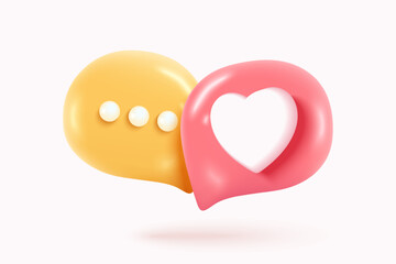 3D Social media online platform concept, online social communication on applications, Photo frame with heart and love emoji icon, like and play in red bubble 3d icons. 3d vector render concept