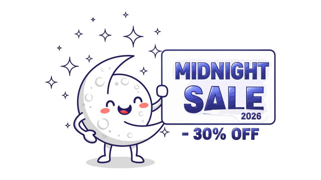 Midnight Sale 2026: A cartoon moon proudly presents a sign advertising a special midnight sale, with a generous discount available. An appealing graphic to advertise a promotion.