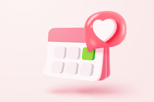 3d calendar marked date with love icon. Happy valentine day, pastel calendar with red heart for schedule appointment, event day, holiday planning concept 3d icon vector render isolated background