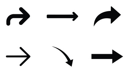 Set of simple arrow icons showing different directions and curves, minimalist black design.