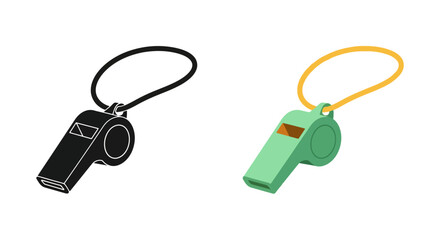 Two whistles depicted one black outline and one green with lanyard