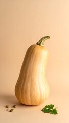 Single butternut squash with stem, seeds, and leaf against peach backdrop