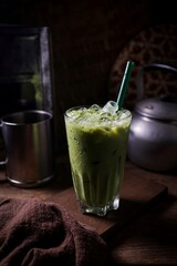 Iced milk green tea on dark background