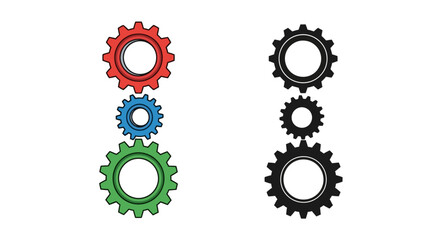 Colorful and monochrome gears arranged in a vertical stack illustration