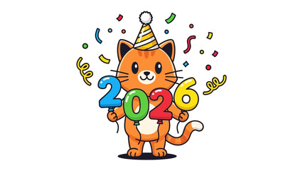 Cheerful Cat Celebrates 2026: A charming animated cat adorned with a party hat and a cascade of confetti celebrates the arrival of 2026, holding colorful balloons that form the year's number.