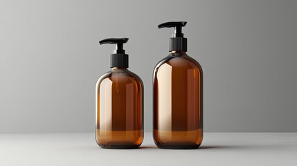 Elegant amber glass pump bottles for sophisticated skincare, haircare, or artisanal soap branding and product display showcasing premium presentation
