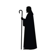 Silhouette of Jesus standing with a staff, simple black religious illustration on transparent background.