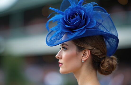 Elegant woman wears blue floral hat at horse races. She attends a fashionable event, a tradition for many attendees looking stylish. Sophisticated race day attire.