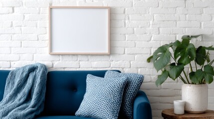 Hipster Living Room with Mock-Up Poster Frame, Scandinavian interior design, minimalist aesthetic, clean lines, inviting atmosphere, free space for creativity and personalization