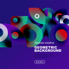 Vibrant geometric shapes overlap purple backdrop. Modern design features gradients, curves, text promoting background resource.