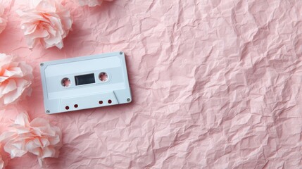 Vintage Cassette Tape on Crumpled Pink Background, evoking nostalgia and retro music vibes, perfect for Y2K design trends with ample copy space for creative use
