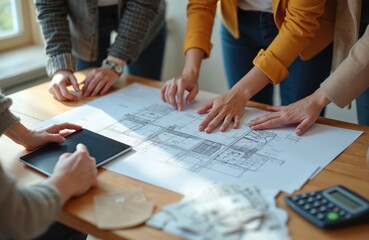 Women architects examine building plans on table. They discuss project design using tablet computer and calculator. Team works on construction drawing. Professional collaboration occurs at desk.