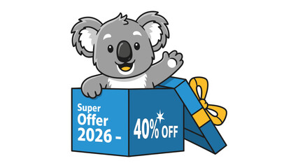 Koala in the Box of Offer: a cute koala emerges from a blue gift box showcasing a special offer with a waving hand, a tempting invitation to embrace the delight of a deal.