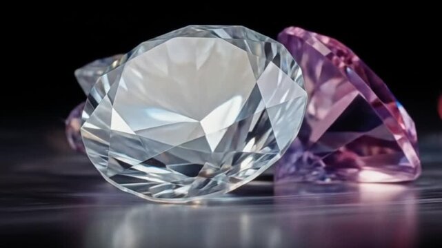 Sparkling pink and clear diamonds glinting against a dark background