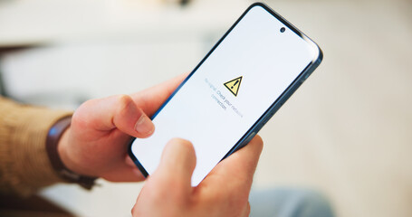 Hands, no signal and phone screen with person in living room of home for connectivity issues. App,...