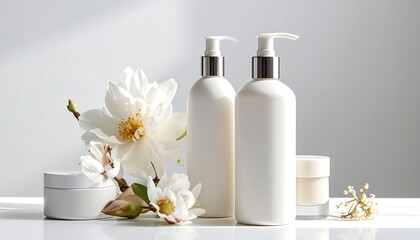 Skincare products with blossoms on a reflective white surface