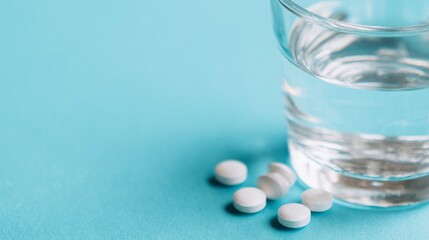 Pills and Water on Blue Surface, a minimalist arrangement featuring a glass of water alongside medication, emphasizing healthcare and wellness in a clean, serene environment