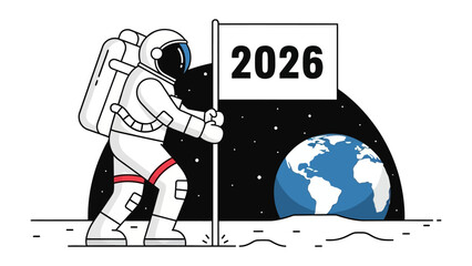 Astronaut on the Moon in 2026: An astronaut plants a flag with the year 2026 on the moon, with a glimpse of planet Earth in the background.
