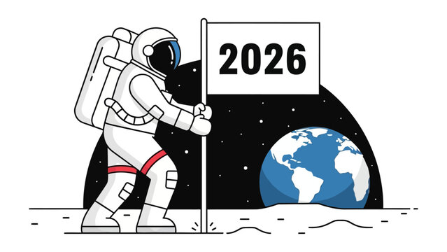 Astronaut on the Moon in 2026: An astronaut plants a flag with the year 2026 on the moon, with a glimpse of planet Earth in the background.