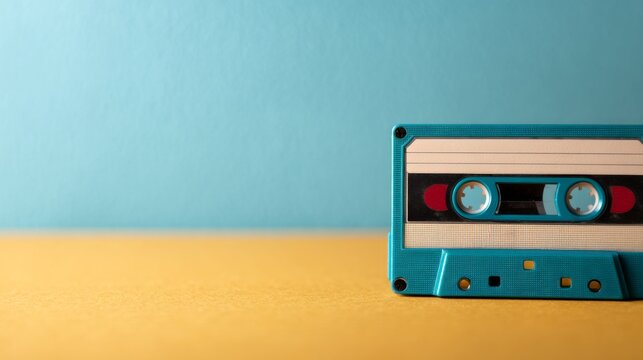Retro cassette tape on a minimalist background, showcasing vintage style with a clean, simple setting, evoking nostalgia for the 90s music era and compact media.