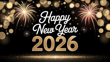 Sparkling happy new year 2026 greeting with bokeh lights and fireworks for festive holiday season wishes and celebration cards