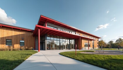 Modern Canadian elementary school building with red accents and glass facade. Exterior view showcases contemporary architecture design. Sunny day at school campus with green grass and pathway