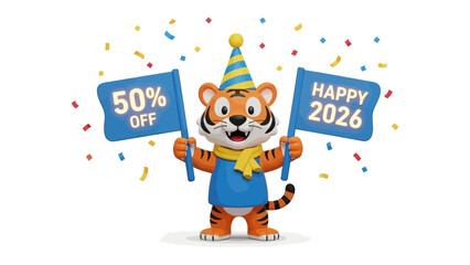 Festive Tiger with Sales Banner: A cheerful tiger mascot with a party hat and scarf holds up two banners, one promoting a 50% Off sale and the other wishing Happy 2026.