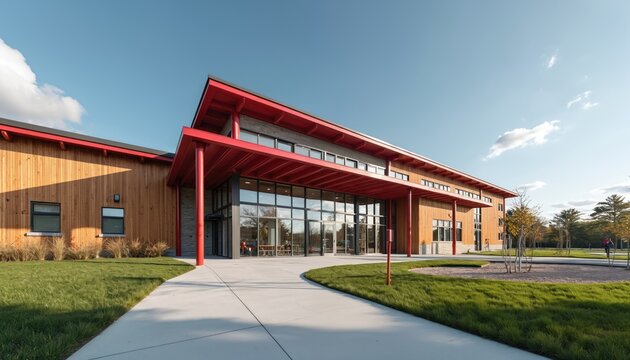Modern Canadian elementary school building with red accents and glass facade. Exterior view showcases contemporary architecture design. Sunny day at school campus with green grass and pathway