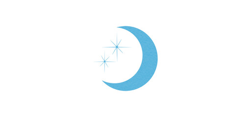 Light blue crescent paper cutout, moon icon, waxing moon symbol, crescent moon icon symbol set on transparent background.
