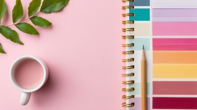 Creative workspace arrangement featuring a color swatch, office supplies, and a planner on a desk, reflecting an artist's organized and minimalist home office environment.