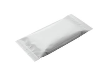 Blank white sachet mockup on dark background for product presentation or branding purposes showcasing a clean design with sleek packaging