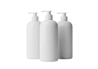 Three identical white pump dispenser bottles for various liquid products isolated on transparent background