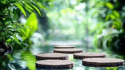 A pathway of stepping stones crosses calm water, bordered by vibrant green plants and soft, blurred greenery in the background.