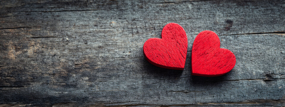 Red heart, wooden heart, love, rustic, romance, valentine sentiment on old wood background