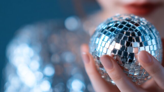 Woman holding a shimmering disco ball, isolated in a minimalist setting, clean backdrop, emphasizes the playful elegance and vibrant spirit of the moment